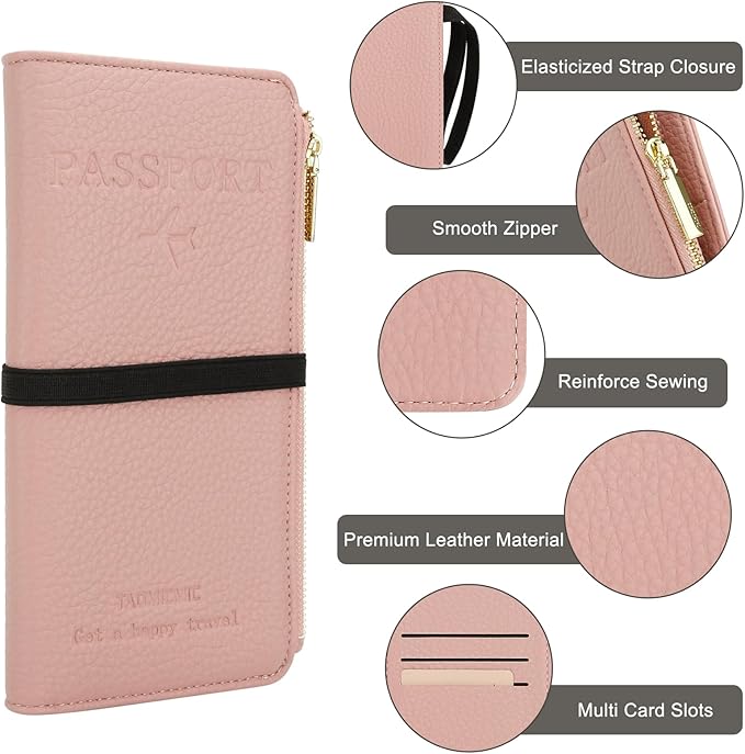 DOB SECHS Leather Passport Wallet for Women, RFID Blocking Passport Holder with Zipper for Travel, Credit Card Cover Case, Travel Document Organizer Pouch Bag +ID Window+Cash Pocket+SIM Slot, Pink