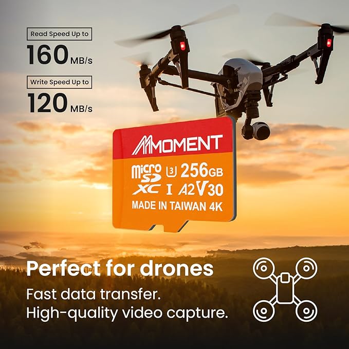 MMOMENT 256GB Micro SDXC Card, A2, UHS-I, U3, V30, Class 10 Compatible, Read Speed Up to 160 MB/s, Write Speed Up to 120 MB/s, SD Adapter Included