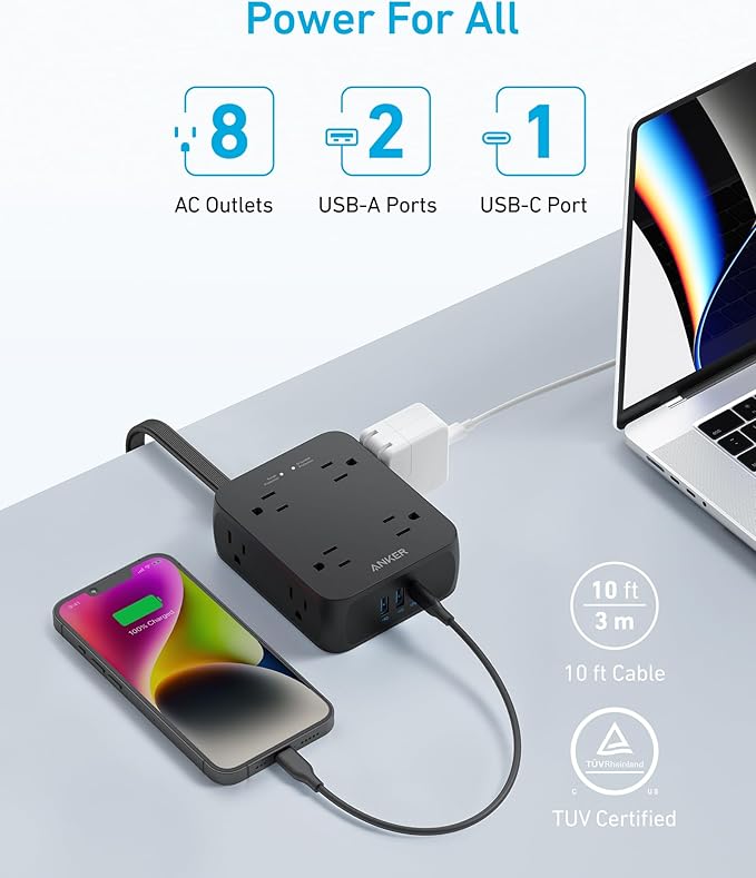 Anker Surge Protector Flat Plug Power Strip 2000J, 10ft Thin Extension Cord, 8 Outlets,2 USB A and 1 USB C Port,20W for iPhone15,Wall Mount,Compact for Home,Office,Room,TUV Listed