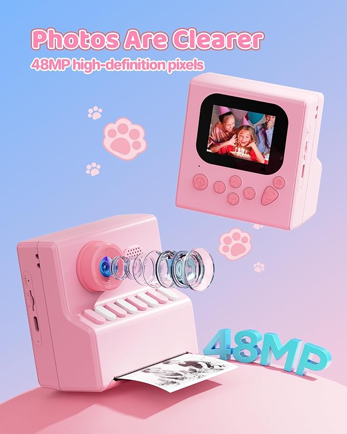 Kids Camera Instant Print Pink: HODDRCCN Instant Print Camera for Kids - Christmas & Birthday Gift for Boys and Girls Ages 3-12 - Includes 32G SD Card & Portable Lanyard & 3 Rolls Printing Paper