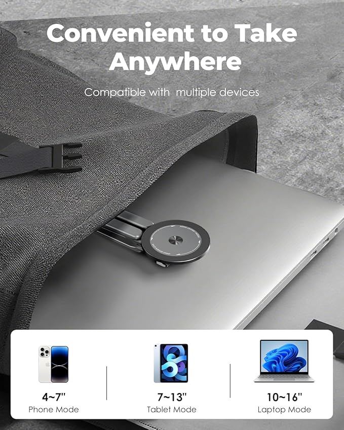 Viozon Portable Laptop Stand for Desk & Travel, Magnetic Phone Holder Tripod, Compatible with 10–16" Laptops and 4–13" Phones/Tablets, Compact Foldable Aluminum Alloy, 8-Level Height Adjustment