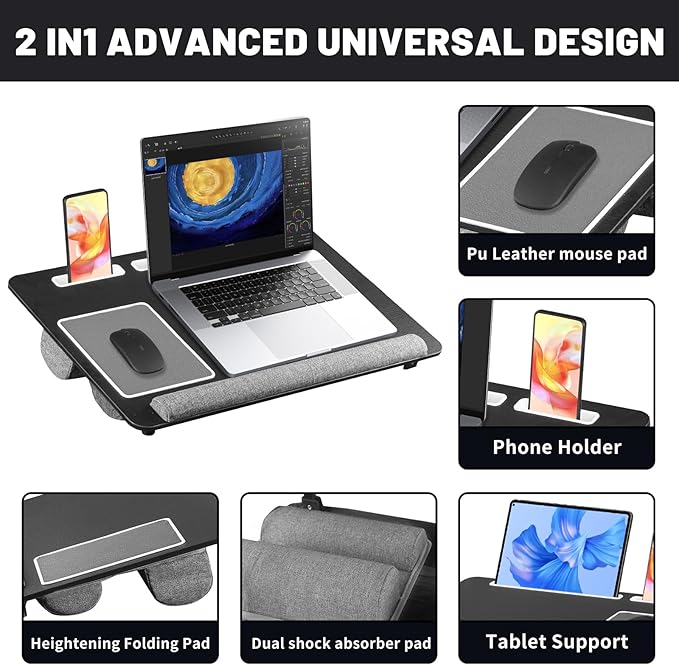 Lap Desk Bed Desk,17In Foldable Laptop Bed Tray Table with Mouse Pad,Wrist Rest and Adjustable Dual Cushion, Portable Wood Laptop Stand for Bed Sofa,Multifunctional Slot for Tablet & Phone
