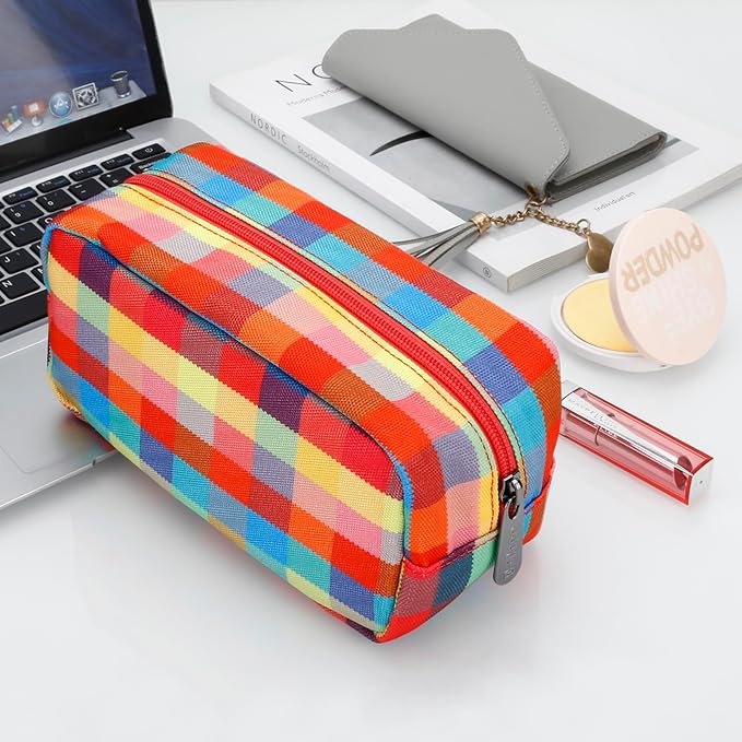 E-Tree Cute Makeup Bag,Travel Make up Pouch for Purse,Zipper Toiletry Cosmetic Brush Skin Care Case for Women Man,Tech Electronic Organizer,Small Canvas Storage for Personal Items,Colorful Checkered