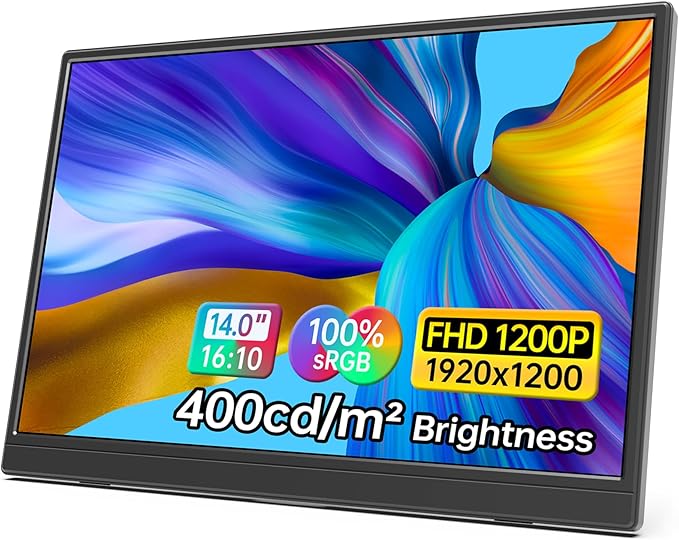 14 Inch Portable Monitor FHD1200P Ultra-Slim for Laptop Monitor, USB-C&HDMI Plug&Play,100% SRGB,Dual Speakers Extender Display. Built-in Stand,for Laptop,PC Phone Xbox PS4/5