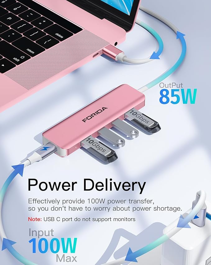 USB C Hub, 10Gbps USB 3.1 Adapter for MacBook, with 100W PD Charging, 2 USB C 3.1 10Gbps and 2 USB A 3.1 Data Ports, Compatible with Surface, XPS, Samsung, Dell and More (Rose Gold)