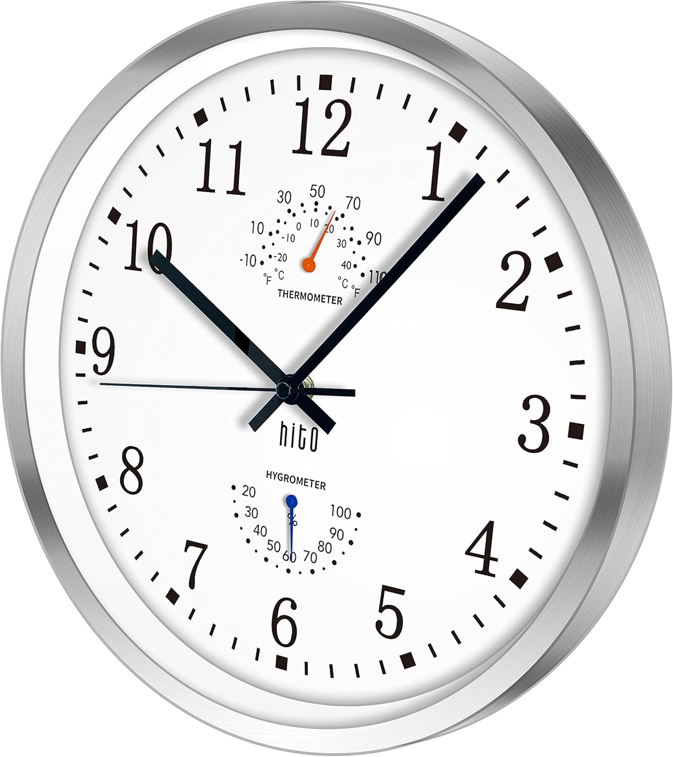 HITO 12 Inch Silent Wall Clock Battery Operated Non Ticking Glass Cover Silver Aluminum Frame, for Living Room Decor, Kitchen, Bedroom, Home Office (12" White)