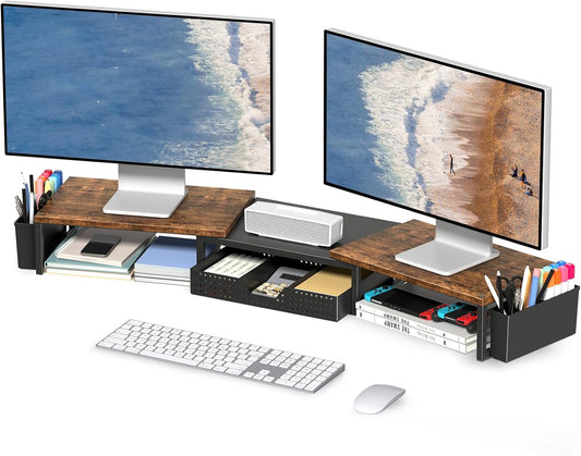 Desk Dual Monitor Stand Riser - Desk Organizer with Drawer and Pen Holders, Office Desk Accessories & Workspace Organization, Computer Monitor Stand for Laptop, Printer, TV, Office Decor, Wood