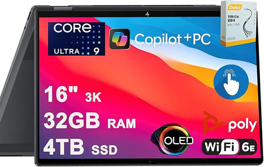 HP OmniBook X Flip 2-in-1 Laptop | 16" 3K OLED Touch (100% DCI-P3, 120Hz) | Intel 8-core Ultra 9 288V (Up to 48 TOPS) | 32GB DDR5 4TB SSD | Backlit 5MP IR HDR Camera Win11 w/DLCA Accessory Copilot+ AI