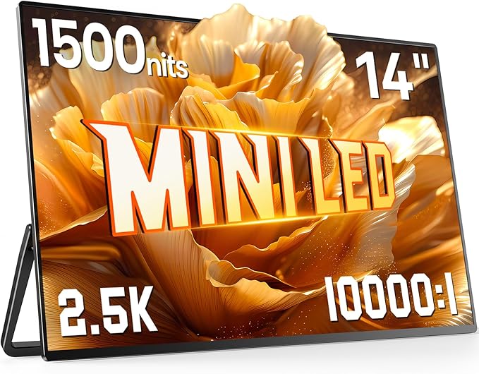 UPERFECT Mini LED Portable Monitor 14" 2.5K | 1500 Nits | 2560x1600 | 10000:1 Contrast | 1ms Freesync Portable Monitor for Laptop w/Stand & VESA, Slim Travel Screen for PC Phone Game Consoles