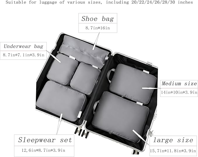 6-piece travel compression packaging cube - foldable travel bag expandable, luggage storage bag. (grey)