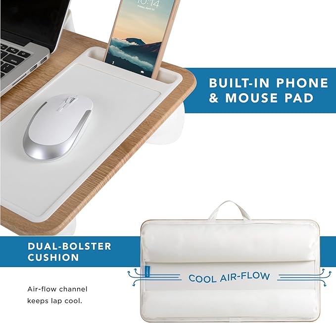 LAPGEAR Home Office Lap Desk with Device Ledge, Mouse Pad, and Phone Holder - White Oak Woodgrain - Fits up to 15.6 Inch Laptops - Style No. 91579