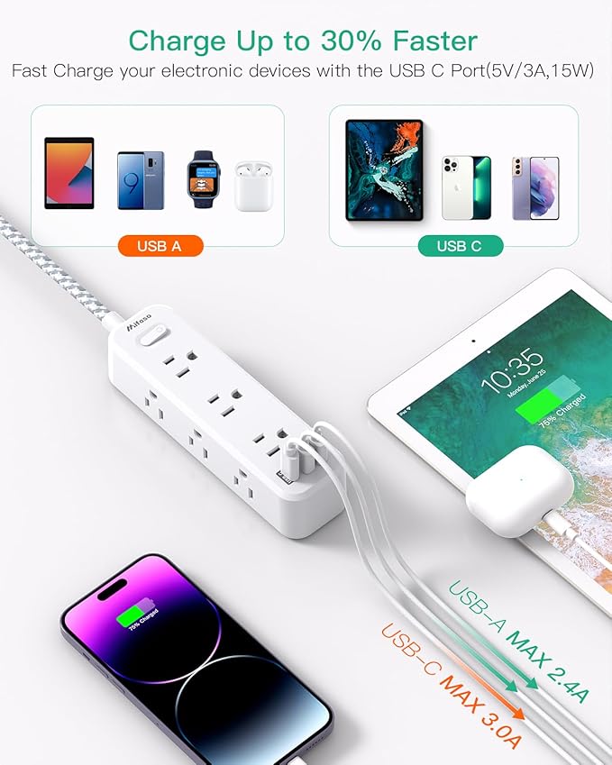 Extension Cord 10 ft, Long Extension Cord with 9 Outlets 3 USB Ports, Surge Protector Power Strip, USB Power Strip for Home, Office, Dorm Room Essentials, College