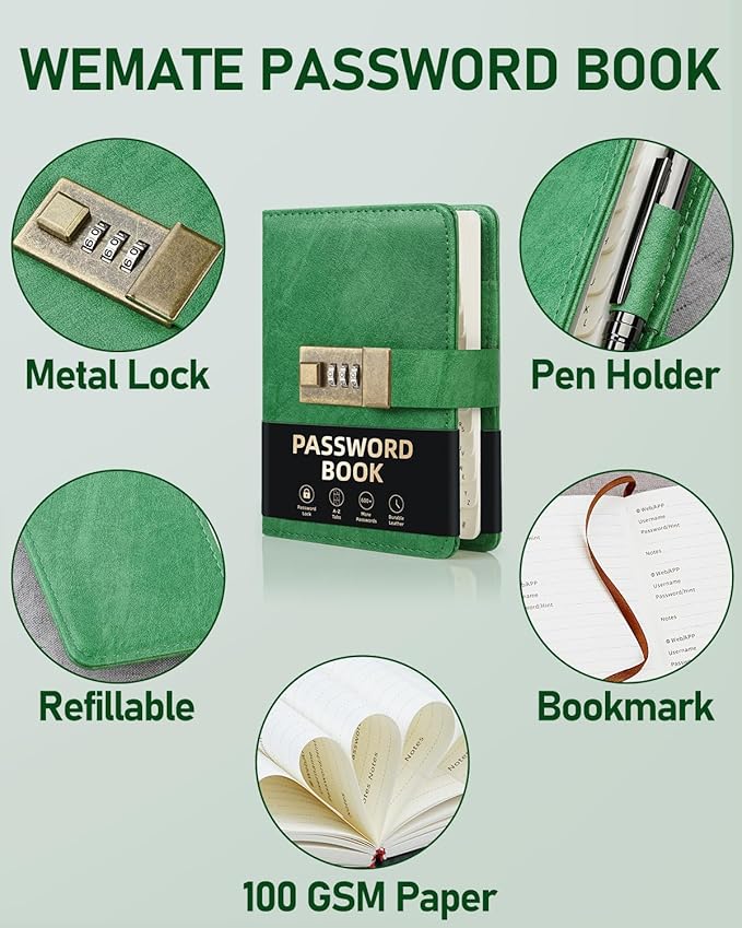 WEMATE Password Book with Lock, Password Book with Alphabetical Tabs 600+ Password Space, Organizer Logbook, Password Keeper for Computer & Website Logins 4.33X6.18 Inch Grass Green
