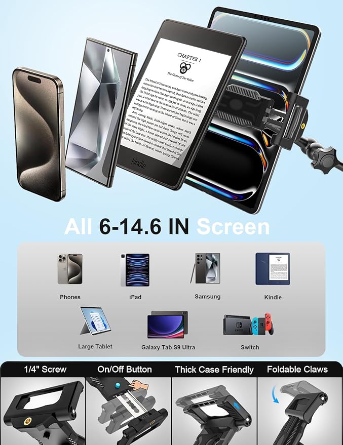 Desk Kitchen Tablet Holder [Suitable for Tabletop & Cabinet] Adjustable Metal Arm Cupboard Tablet Mount Stand for iPad Pro 12.9 Air Mini, Galaxy Tab Ultra, Switch, 6-14.6" Devices