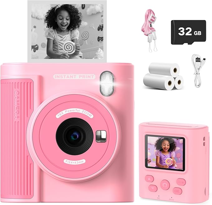 Zicor Kids Camera Instant Print for 3-12 Year Olds, HD Digital Instant Print Camera for Boys & Girls, Ideal Christmas Birthday Gift with 32GB SD Card, Easy to Use - Pink