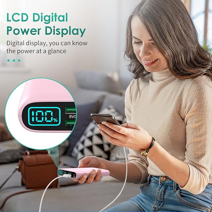 Portable Charger 38800mAh,LCD Display Power Bank,5 USB Outputs Battery Pack Backup,USB-C in&out Dual Input Phone Charging Compatible with iPhone 16/15/14/13 Pro,Android Samsung Galaxy Pixel Nexus-Pink
