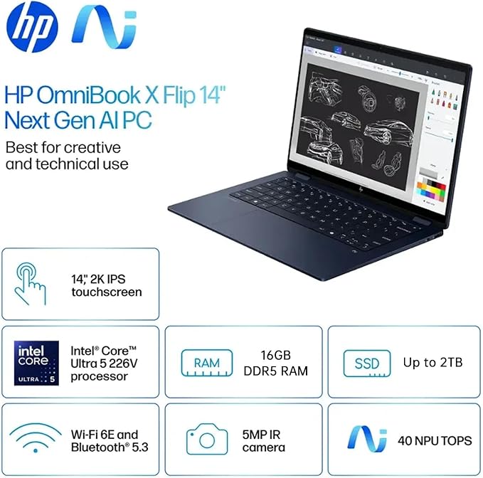 HP Omnibook X Flip 2 in 1 14’’ 2K Touchscreen Laptop, Convertible Laptop 16GB DDR5 RAM 1TB SSD, Intel Core Ultra 5 226V, Intel Arc GPU, Thunderbolt 4, Windows 11, 1 Year Office 365 with Microsoft Pen