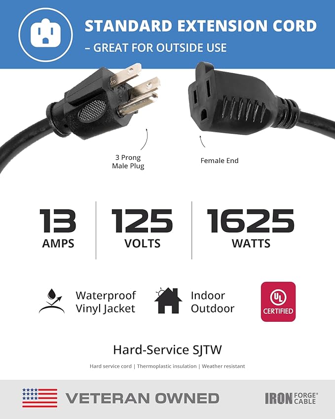 Iron Forge Cable 2 Pack 25 Ft Black Extension Cord, 16/3, 25 Foot Extension Cord, 3 Prong, Weatherproof - Great for Outside Use