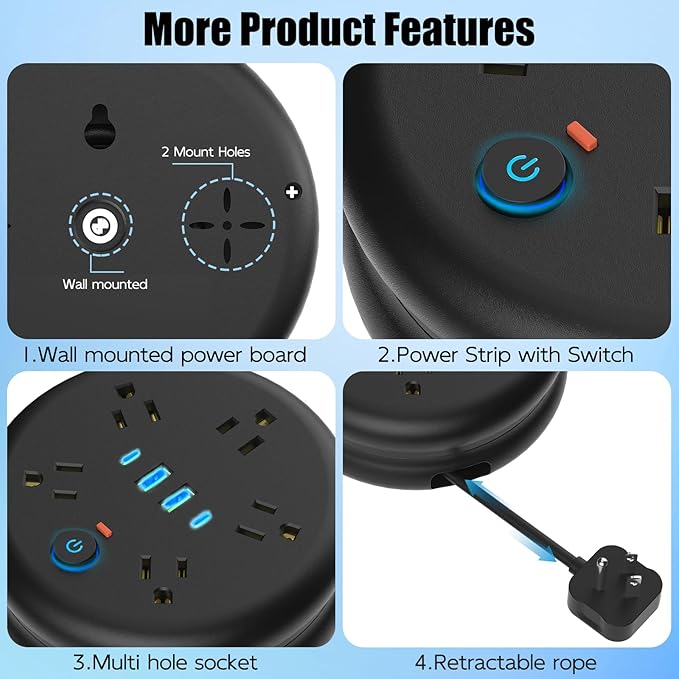 Retractable Travel Power Strip: 6 ft Extension Cord Portable Powerstrip with 5 Outlet 2 Smart USB Port 2 USB C for Travel Cruise Ship Beach Vacation Essentials