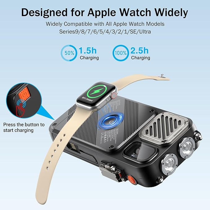 BROWEY Solar Power Bank Wireless Charger 16000mAh Built in Hand Crank and 3 Cables with Emergency Radio & Flashlight, 20W Fast Charging for Cell Phones, Portable Charger for Apple Watch