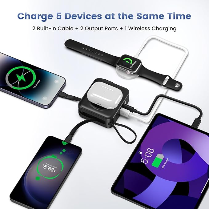 for Magsafe Portable Charger with AC Wall Plug, 6-in-1 Magnetic Wireless Power Bank 10000mAh Built-in Cables, 22.5W Type-C in&Out Fast Charging Battery Pack for iPhone 16/15/14/13/12 Series, Black