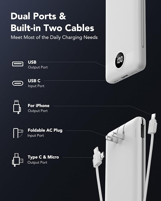 VRURC Portable Charger 10000mAh, Slim Portable Charger with Wall Plug, 22.5W USB Port Fast Charging Power Bank with Cables, 4 Outputs 2 Inputs Travel Essentials Battery for Smartphones-White (1 Pack)