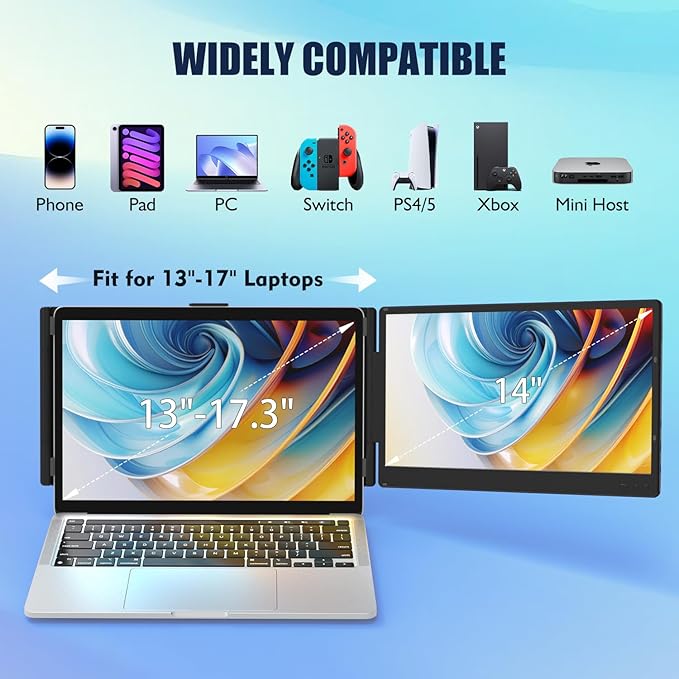 KEFEYA Laptop Screen Extender, 14" 1080P FHD IPS Laptop Monitor Extender for Home Office, Dual Travel Monitor for Laptops 13-17.3", USB-C HDMI Plug-Play for MacOS Windows PS Switch Xbox Phone Pad