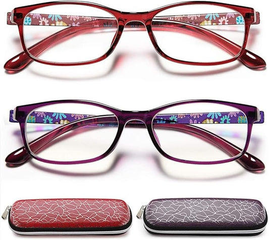 EYEURL Reading Glasses Women Blue Light Blocking - Set of 2 Pattern Design Computer Readers (Red+Purple, 3.0)