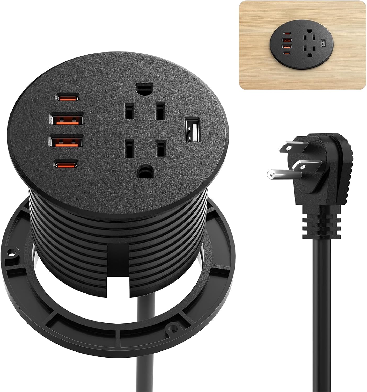 QBA Recessed Power Grommet with USB-C 35W, Desk Charging Station with 2 AC Outlets, 4 USB Ports, 3 Inch Flush Mount Power Outlet for Home Office Furniture