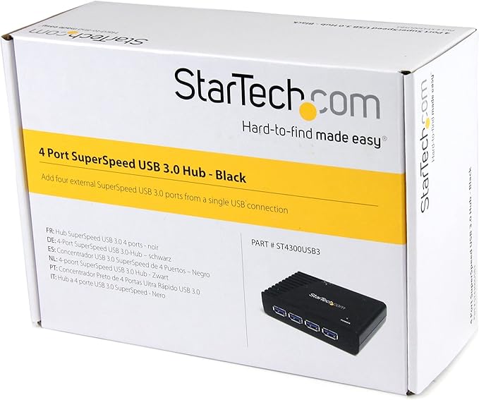 StarTech.com 4-Port USB 3.0 SuperSpeed Hub with Power Adapter 5Gbps - Portable Multiport USB-A Dock IT Pro - USB Port Expansion Hub for PC/Mac - 4 Port Powered USB Hub for PC (ST4300USB3)