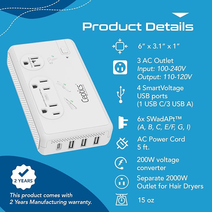 Ceptics 2000W Travel Voltage Converter for Hair Dryer & 200W Convert 220V to 110V for Curling Iron, Straightener, Chargers, Step Down World Power 4 USB Charging QC 3.0 SWadApt Type A, B, C, E/F, G, I