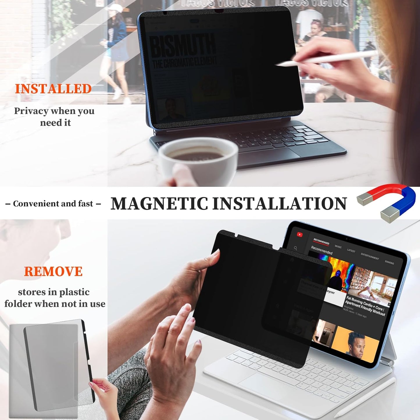 Upgraded 360° Magnetic Privacy Screen Protector for iPad 10th generation (2022) / 11th generation (2025) (Landscape+Portrait Privacy), Removable 4-Way Anti Spy Screen Film, Anti Glare Blue Light Filter, High Sensitive Bubble Free Screen