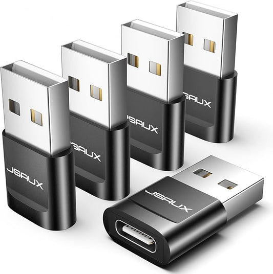JSAUX USB C Female to USB Male Adapter (5-Pack) 3.1A Fast Charging Compatible with iPhone 17 16 15 14 13 Pro Max, Apple Watch, Galaxy Watch, Samsung S25 S24 S23 S22, CarPlay, Android Auto-Black