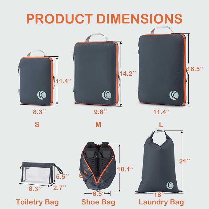 Cipway Compression Packing Cubes, Lightweight Travel Luggage Organizers with Shoe Bag, Toiletry Bag & Laundry Bag, Travel Essentials for Carry on Suitcase (8 Piece,Gray)