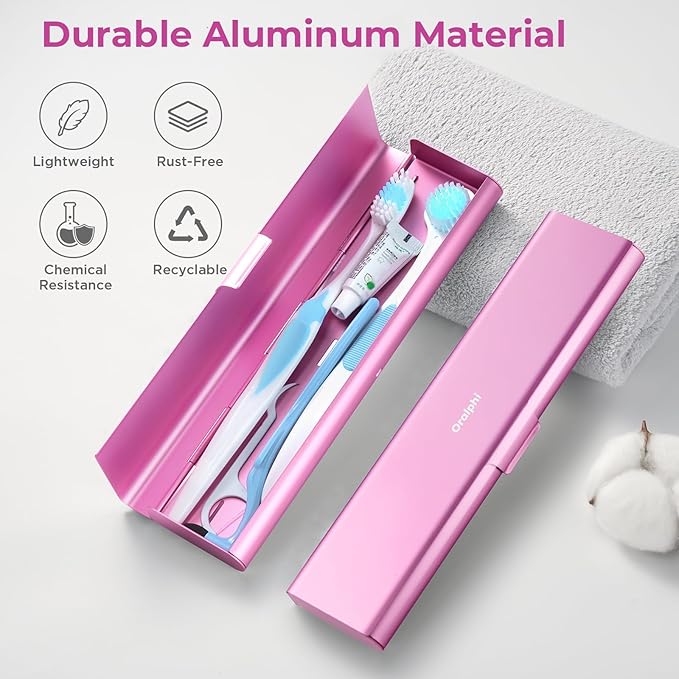 Wider Aluminum Toothbrush Travel Case, Portable Travel Toothbrush Holder, Durable Manual Toothbrush Box Container for Traveling, Bathroom, Camping, Business Trip, Pink