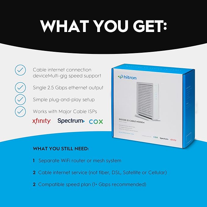 Hitron CODA56 Multi-Gigabit DOCSIS 3.1 Modem | 2.5 Gbps Max Internet Speeds | Certified with Xfinity, Charter Spectrum, Cox | 2.5 Gbps Ethernet Cable Modem ONLY | Requires Separate WiFi Router