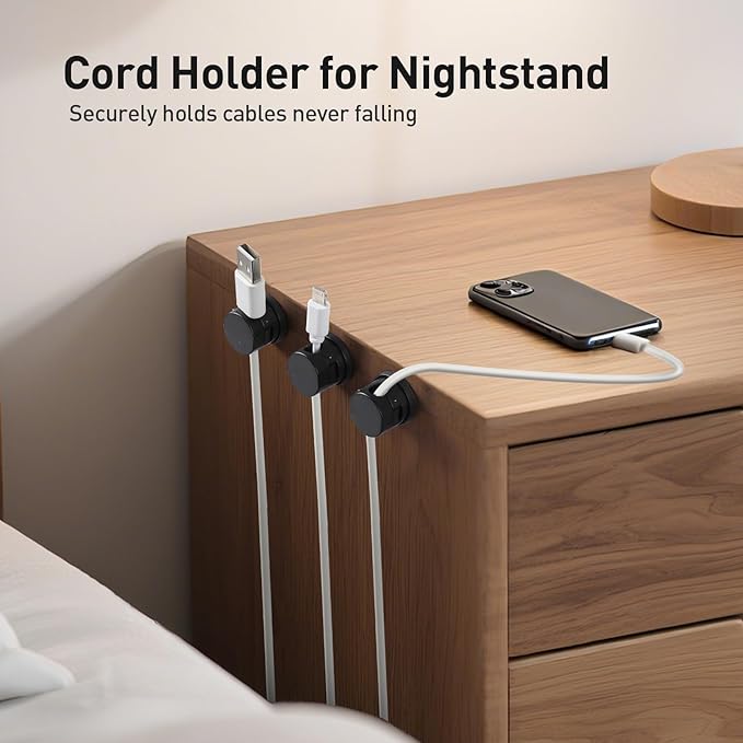 AGPTEK 8 Pack Magnetic Cable Clips, Upgraded 360° Rotatable Cord Holder Clips for Nightstand, Desk Cord Organizer Adhesive Wire Management Home Office Phone Charging Cords USB Cable Keeper (Black)