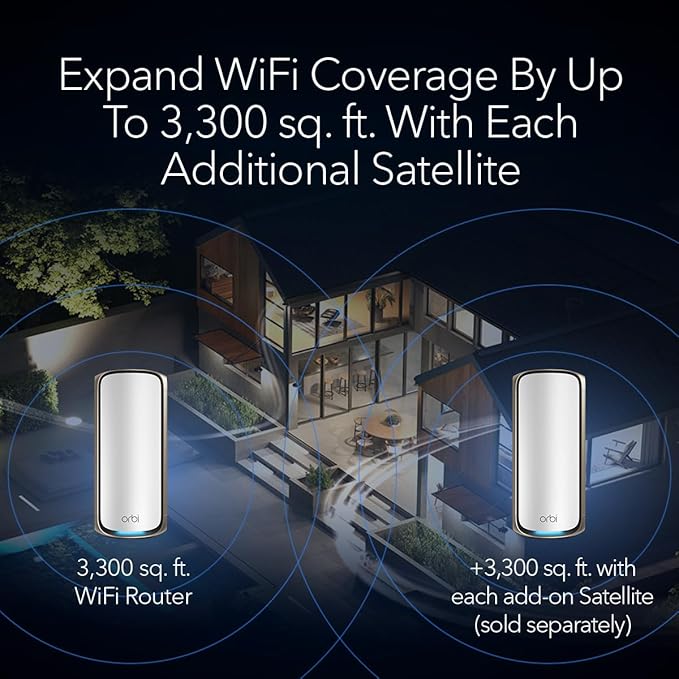 NETGEAR Orbi 970 Series (RBE970) Quad-Band WiFi 7 Mesh Add-on Satellite - Works with Existing 970 Series (973/972/971S), Security Features, Covers up to 3,300 sq. ft., BE27000 802.11be