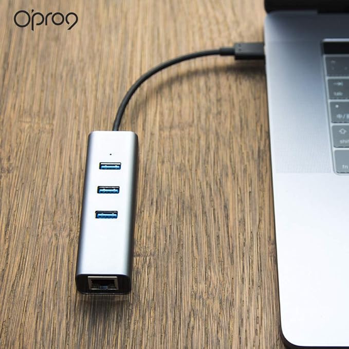 Opro9 4-in-1 USB C to Ethernet Hub, USB OTG Network Adapter, 3xUSB 3.0, Thunderbolt 3, with 10/100/1000 Mpbs RJ45 Gigabit Ethernet LAN Network, Adapter Converter for Mac/Windows/OS/Linux and More