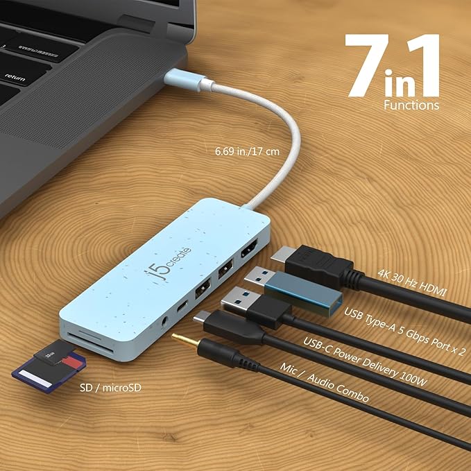 j5create USB-C Multi-Port Hub with Power Delivery with 4K HDMI/2 USB-A 5Gbps/PD 100W Charging SD&Micro SD/3.5mm Audio | for MacBook Pro&Air/iPad Pro/iMac/Surface/XPS/Thinkpad/Galaxy/and More(JCD373EW)