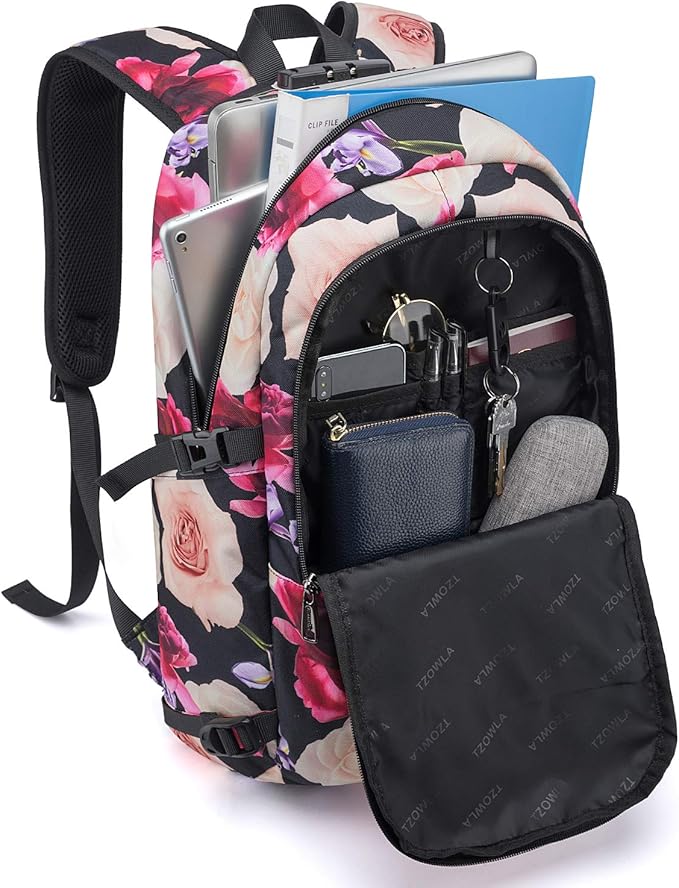 Tzowla Business Laptop Backpack Water Resistant Anti-Theft with USB Charging Port and Lock 15.6 Inch Computer Backpacks for Men, Women, Casual Hiking Travel Daypack (Flower)