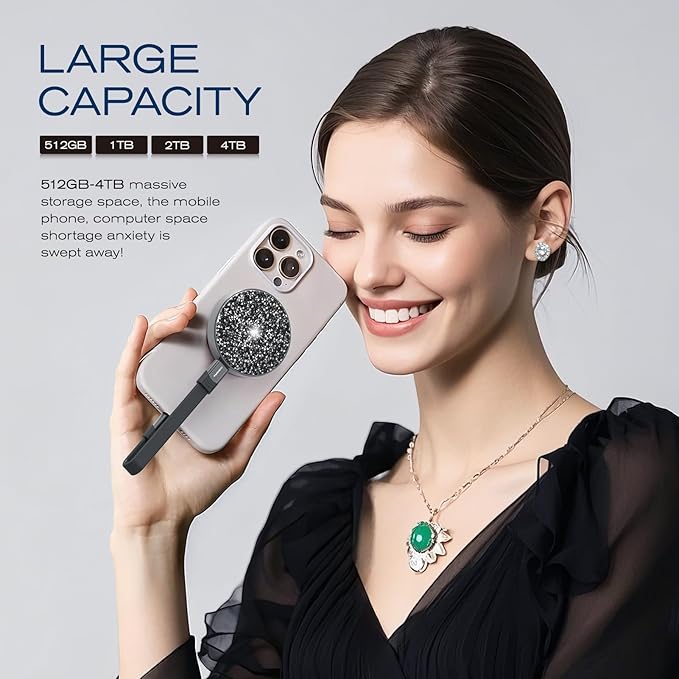 1TB Magnetic Portable SSD, USB-C 3.2 Gen 2x2 External Solid State Drives w/Speeds Up to 2000MB/s, Compact & Durable, Compatible with iPhone 15/16 Series and Other USB-C Devices, Diamond Black