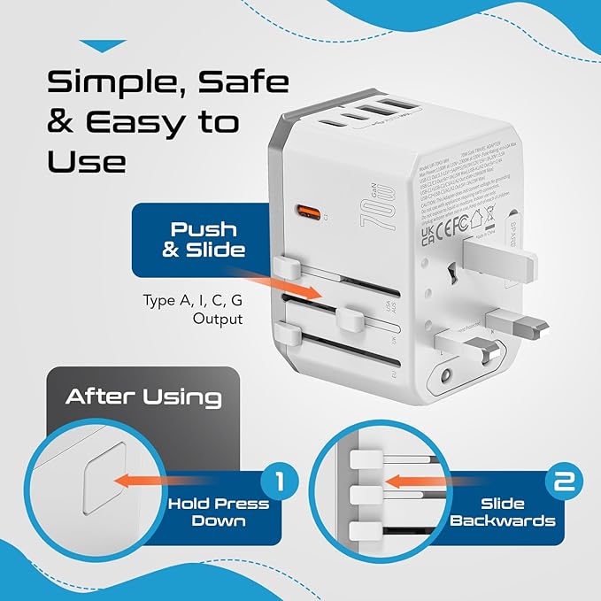 Ceptics 6 in 1 Universal Travel Adapter with PD 70W USB-C and 2X USB-A and 2X USB-C 3A, Universal Charger with QC 3.0 for US/EU/UK/AU, Universal Power Adapter with Type I C G A Outlets