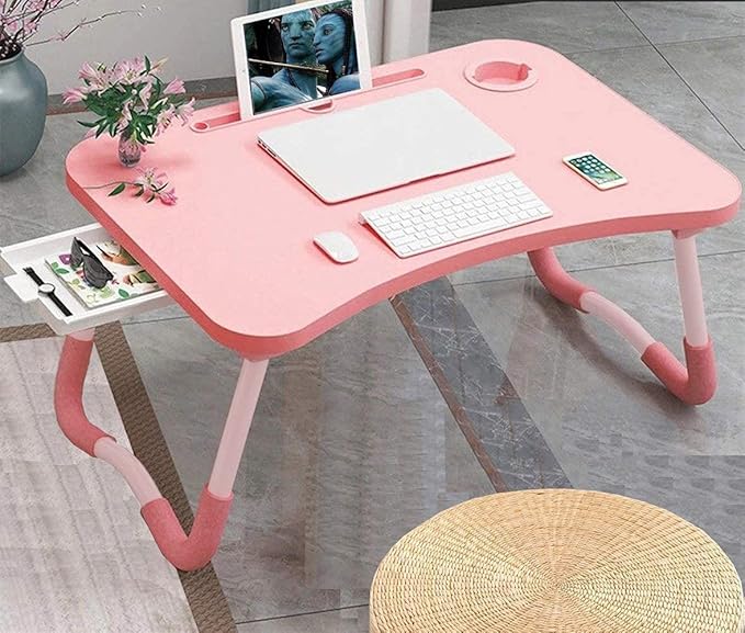 Laptop Desk Foldable Bed Table, Portable Lap Desk Laptop Bed Tray Table with Storage Drawer and Cup Holder, Lap TraysTables Notebook Stand Reading Desks Breakfast Tray for Beds Couch Sofa Floor – Pink