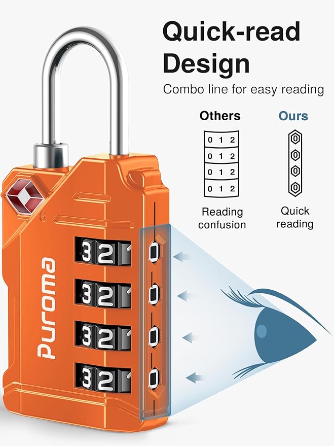 Puroma TSA Approved Luggage Locks, 2 Pack 4 Digit Resettable Travel Combination Code Lock with Zinc Alloy Body for Suitcase, Backpack, Laptop Bag, Gym Locker, Toolbox (Orange)