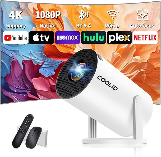 [Built-in Apps & 2025 Upgraded] Mini Projector with WiFi 6 and Bluetooth 5.4 Support 4K 1080P Auto Keystone 270° Rotatable Projector Portable Compatibile with HDMI/TV Stick/Memory Stick - White
