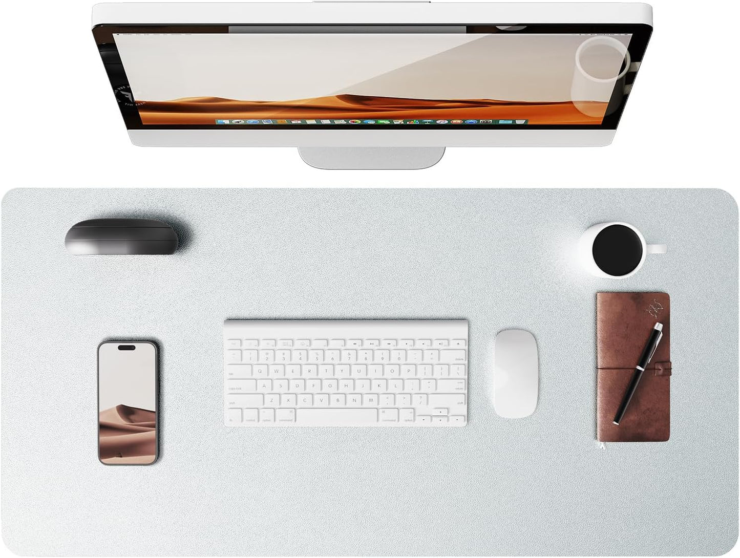 YSAGi Leather Desk Pad Protector, Office Desk Mat, Large Mouse Pad, Non-Slip PU Leather Desk Blotter, Laptop Desk Pad, Waterproof Desk Writing Pad for Office and Home (Silver, 35.4" x 17")