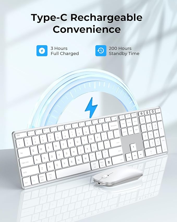 seenda Wireless Bluetooth Keyboard and Mouse Combo (USB + Dual BT), SKM64-3 Multi-Device Rechargeable Slim Keyboard and Mouse, Compatible for Win 7/8/10, MacBook Pro/Air, iPad, Tablet - White Silver