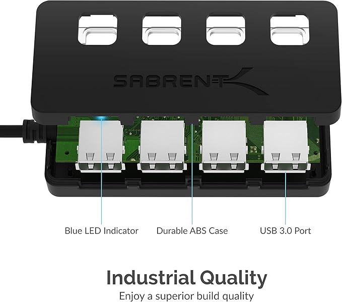 SABRENT 4-Port USB 3.0 Hub with Individual LED Power Switches - Slim, Portable Design - 2 Ft Cable - Fast Data Transfer - Compatible with Mac & PC (HB-UM43)