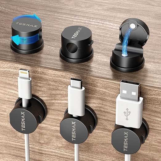 Magnetic Cable Clips 360° Rotation Cord Holder, 6Pack Cord Organizer 1s Lock Cable Smooth Adjustable Desk Organizers and Accessories, Adhesive Cord Clips for Nightstand,Phone,Wall,Car,Home Office